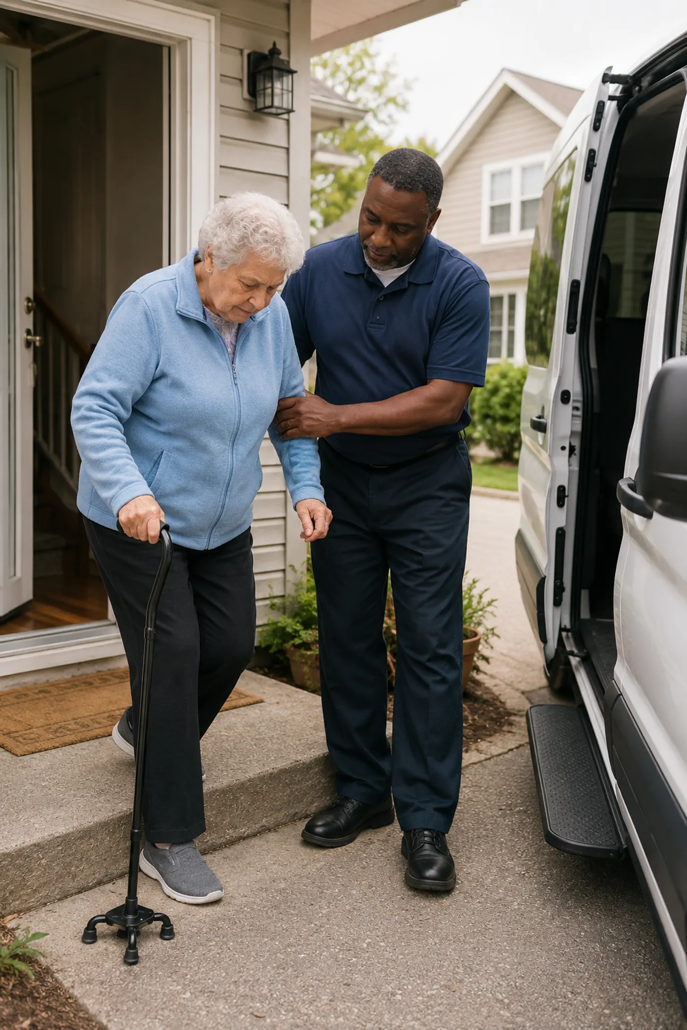 A driver helping an ambulatory passenger from the front door to the van