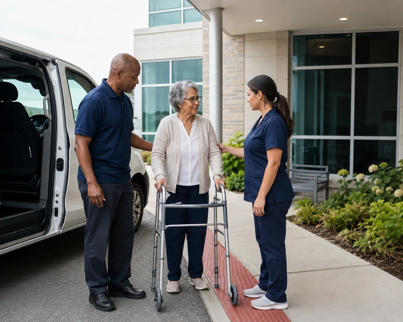 A driver coordinating a safe handoff with a passenger and clinic staff member