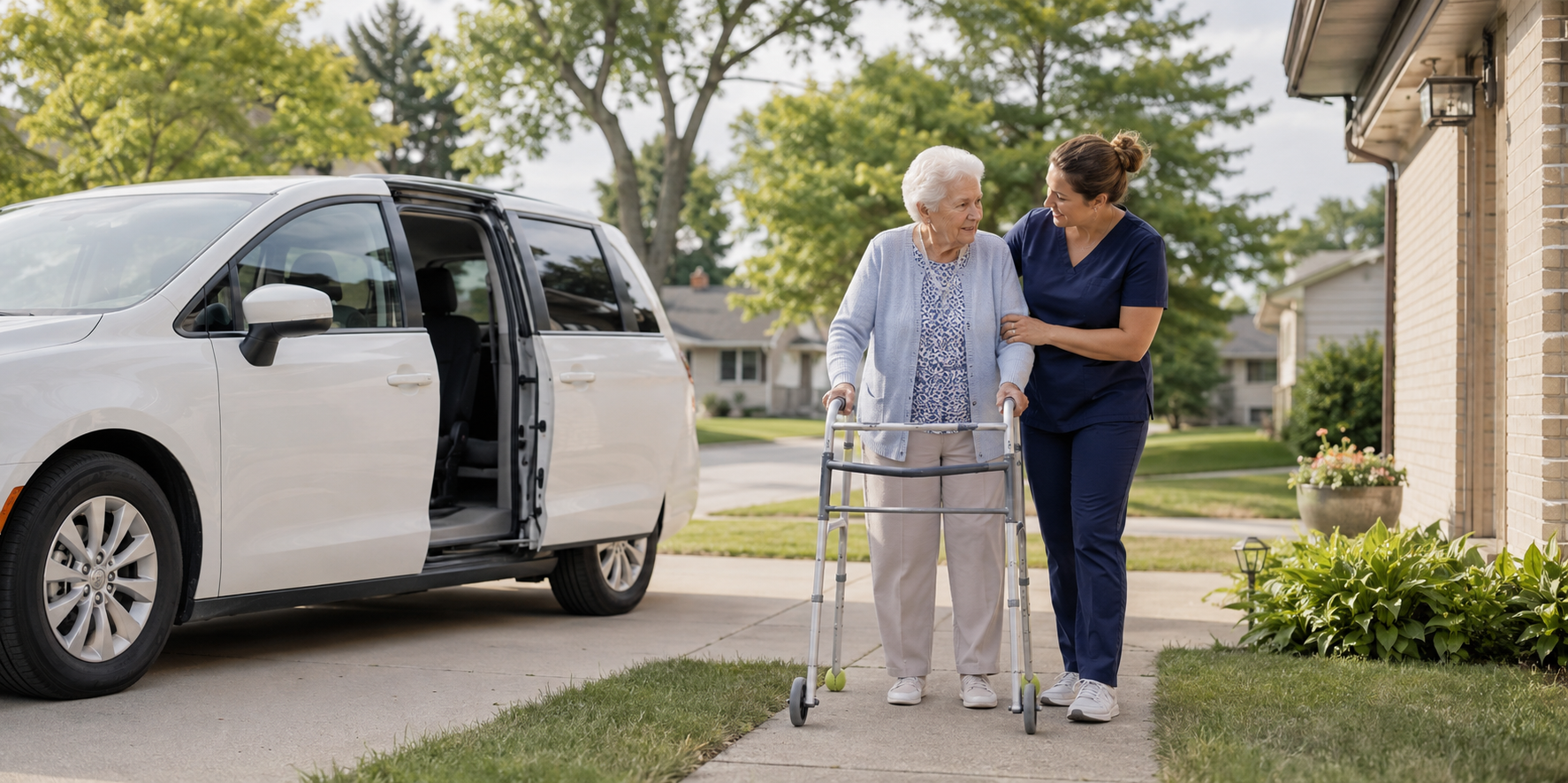 A caring driver patiently helping an older passenger toward their ride